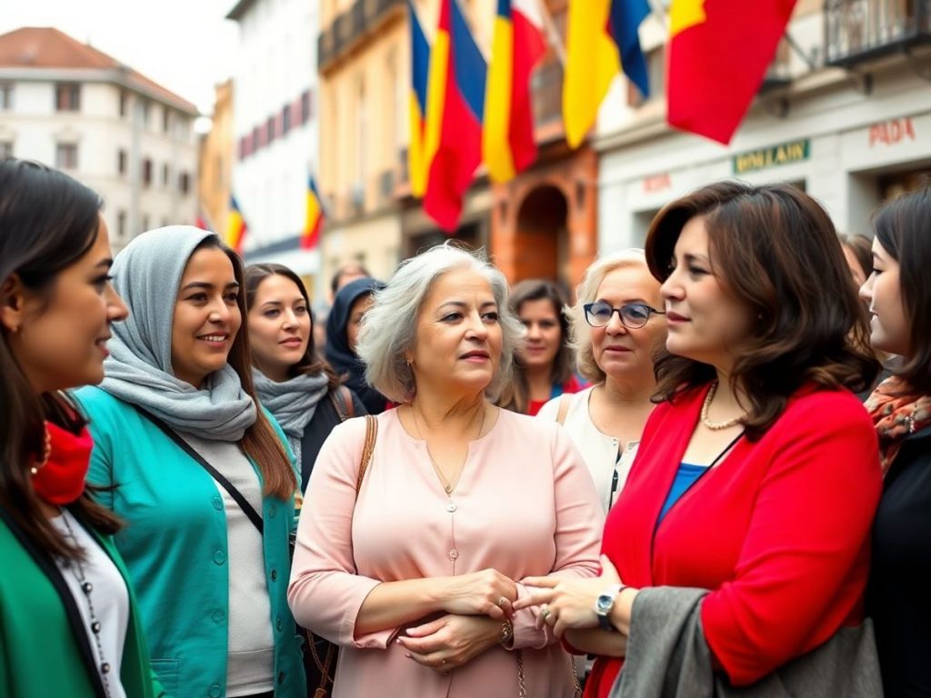 Rolul femeilor în politica românească: progrese și obstacole 1 Femei discutând despre politică într-o scenă urbană.