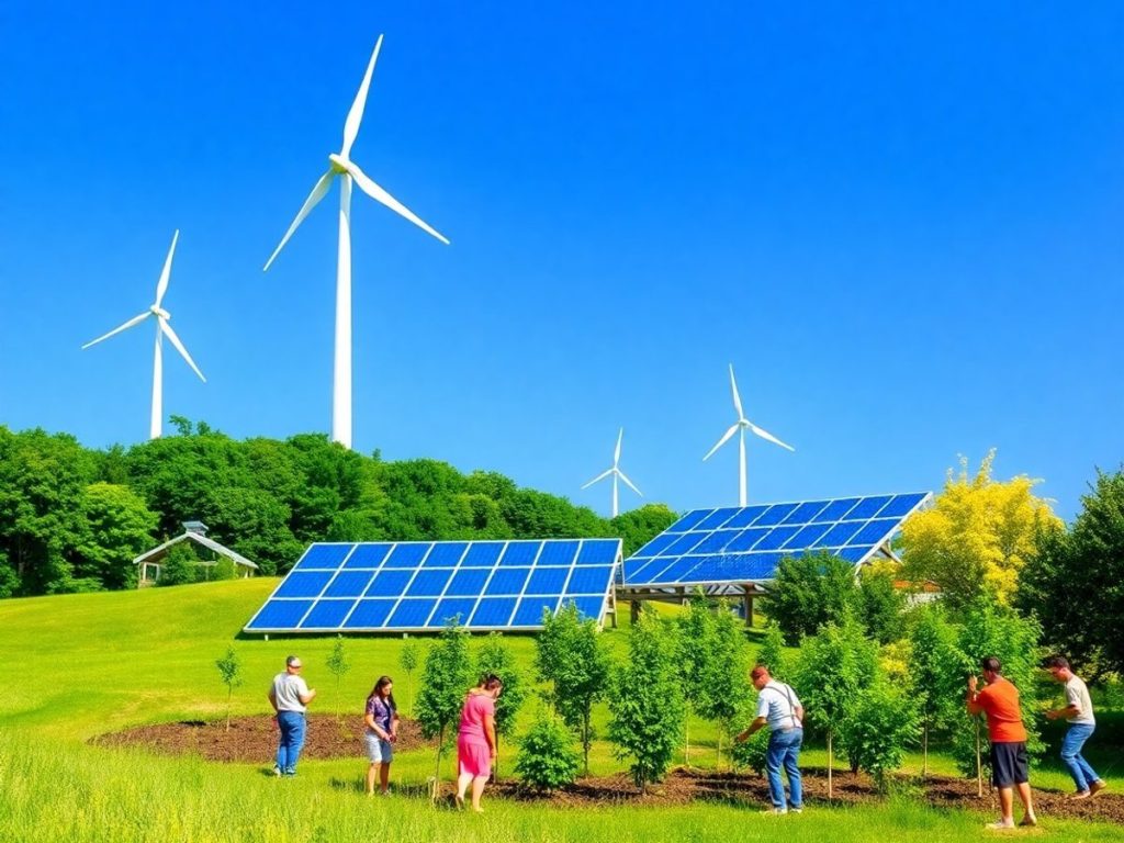 Soluții politice pentru schimbările climatice: ce trebuie implementat 1 Peisaj cu turbine eoliene și panouri solare verzi.