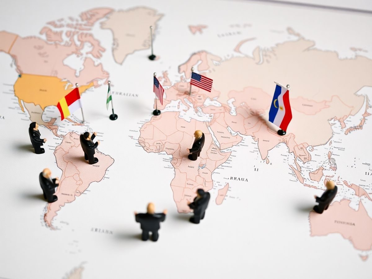 Hărți, drapele naționale și miniaturi de figuri politice.