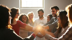 Oameni uniți într-o ședință, simbolizând colaborarea.