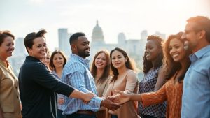 Grup divers de oameni uniți, simbolizând progresul.